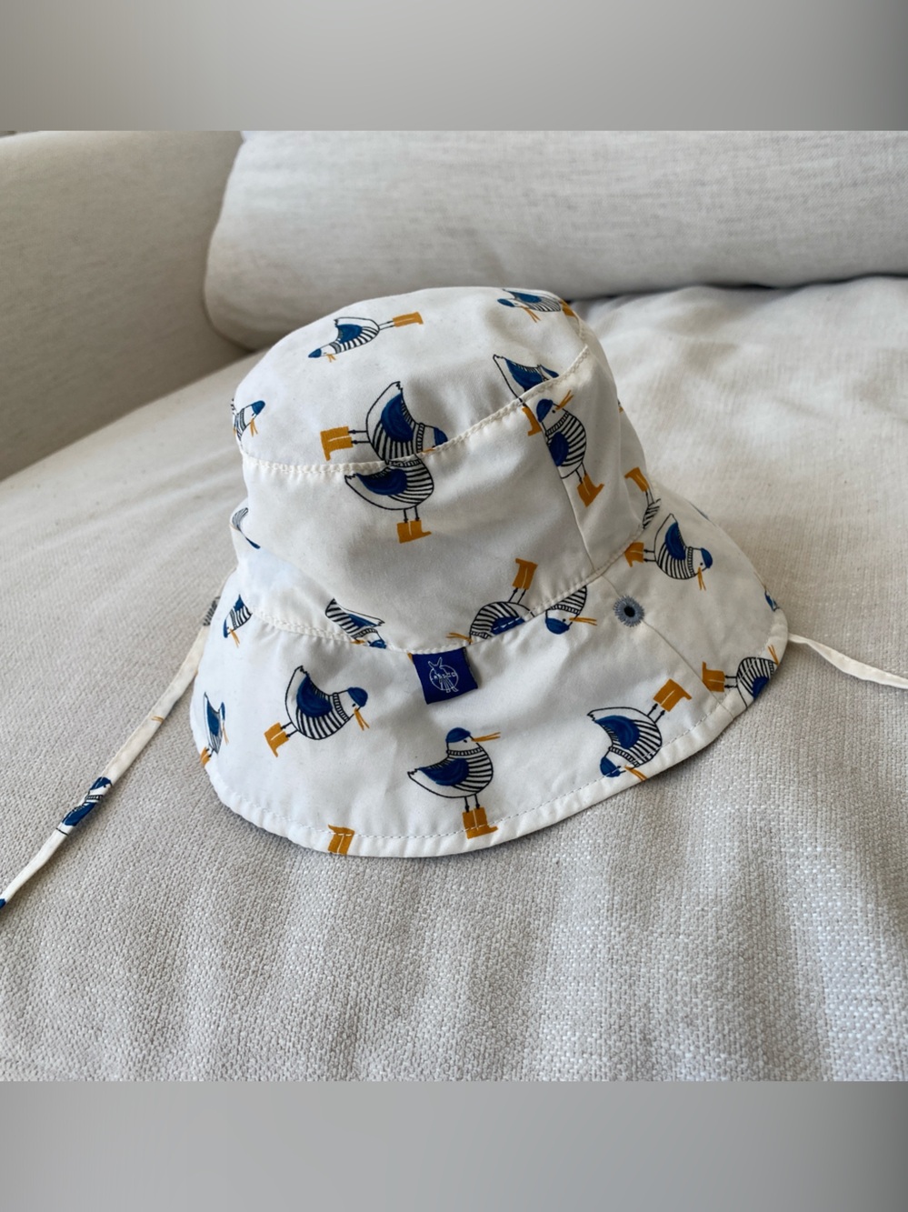 Kids Bucket Sun Hat with Blue & Mustard Bird Print